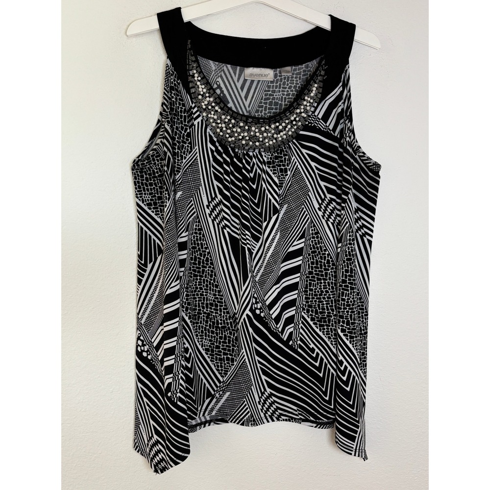 Avenue Black White Abstract Geometric Beaded Pearl Neck Sleeveless Top 14/16